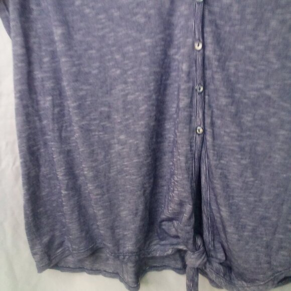 Max Edition Blouse L Short Sleeve Button Front Tie Hem V-Neck Blue - Picture 6 of 14